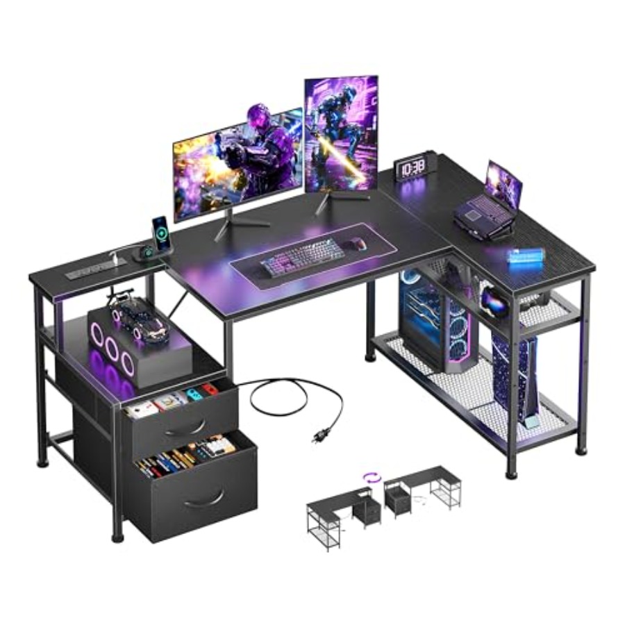 Desk Setup L Shaped - 49 inch L-vormig gamingbureau met stopcontacten,